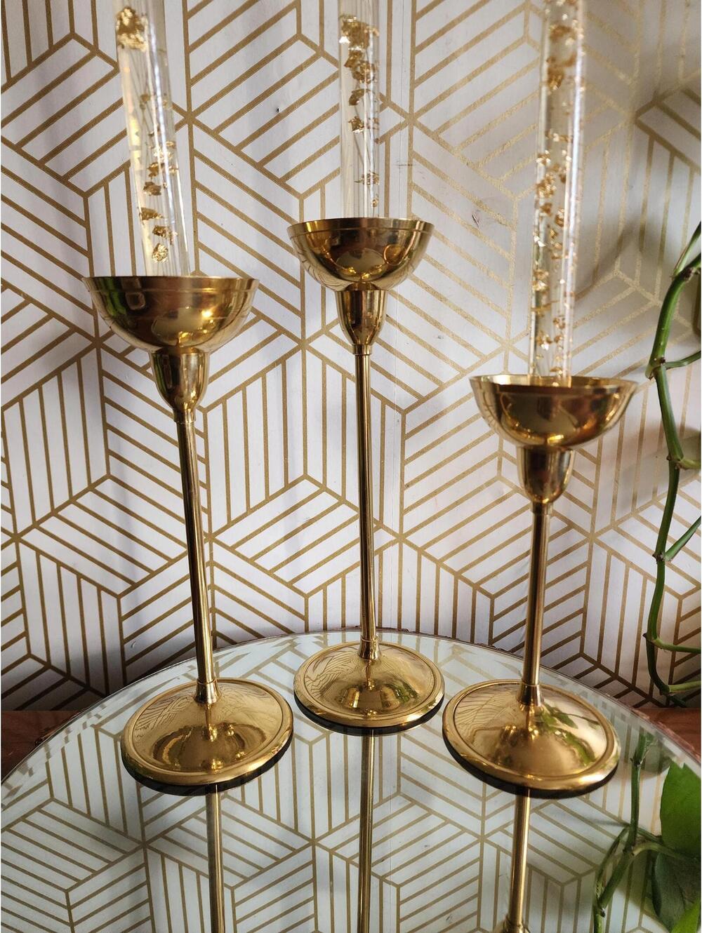 Vintage Brass Chalice Style Graduated Taper Candlestick Holders Set of 3